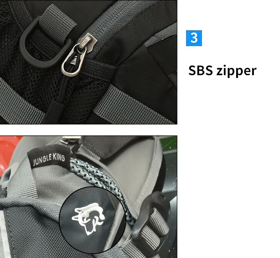 Close-up of high-quality SBS zippers on the Jungle King multi-purpose outdoor sports waist bag.